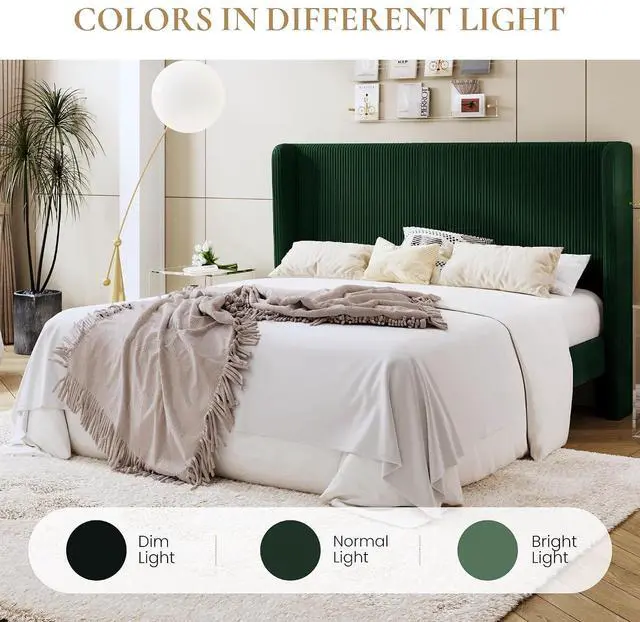 Alt view image 3 of 7 - King Size Corduroy Upholstered Platform Bed Frame with Vertical Channel Tufted Wingback Headboard, 8" Under Bed Storage, Wooden Slats & Metal Frame Support, Easy Assembly, Dark Green