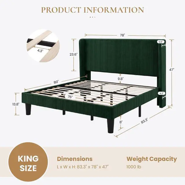 Alt view image 2 of 7 - King Size Corduroy Upholstered Platform Bed Frame with Vertical Channel Tufted Wingback Headboard, 8" Under Bed Storage, Wooden Slats & Metal Frame Support, Easy Assembly, Dark Green