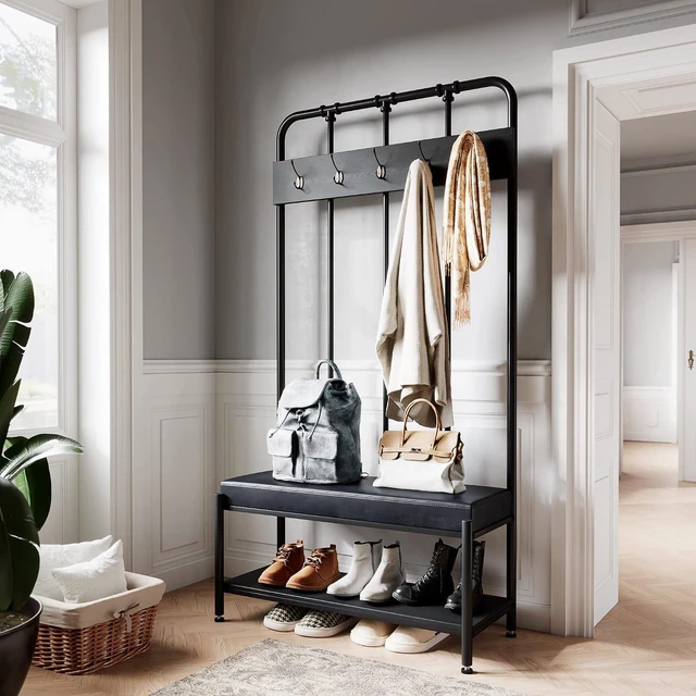 Main image of Hall Tree, Coat Rack with Shoe Bench & Storage Space - Entryway Furniture with Storage Shelf, 5x2 Hooks, Upholstered Sponge-Padded Seat, Steel Frame, Industrial, 17.7 x 37 x 75.2 In - Black