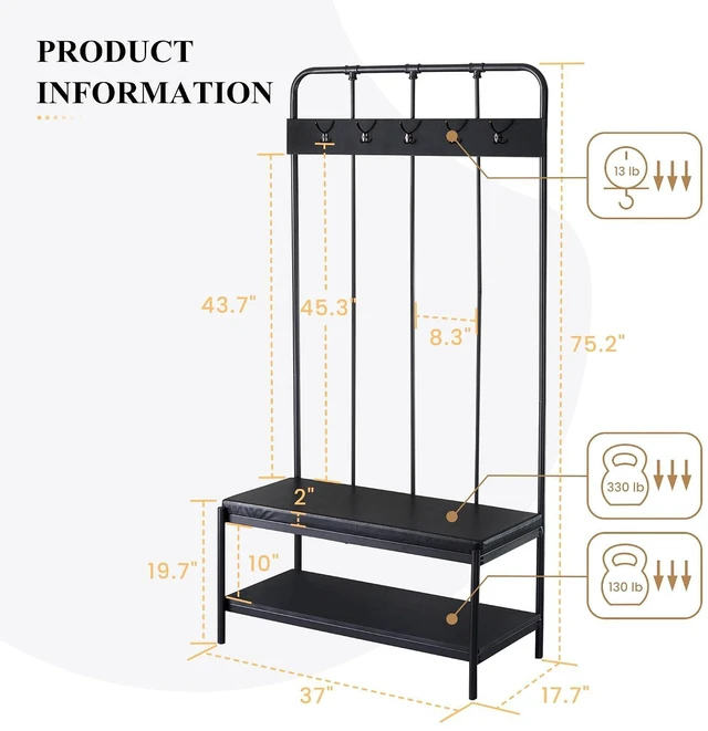Alt view image 2 of 7 - Hall Tree, Coat Rack with Shoe Bench & Storage Space - Entryway Furniture with Storage Shelf, 5x2 Hooks, Upholstered Sponge-Padded Seat, Steel Frame, Industrial, 17.7 x 37 x 75.2 In - Black
