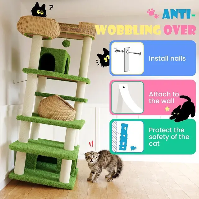 Alt view image 7 of 7 - 74 Modern Forest-Themed Cat Tree with Handwoven Rattan Perches, Plush Cat Condos, Sisal Scratching Posts, Interactive Ball Toy & Stable Base, Suitable for Indoor Feline