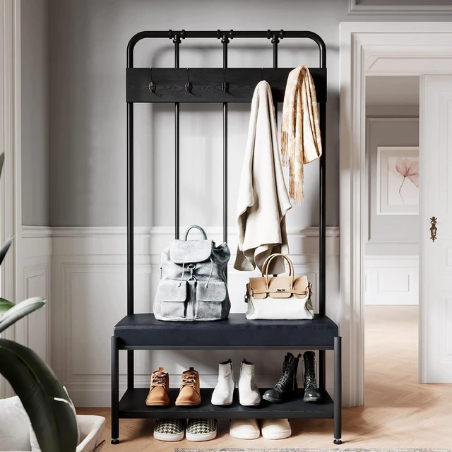 Alt view image 3 of 7 - Hall Tree, Coat Rack with Shoe Bench & Storage Space - Entryway Furniture with Storage Shelf, 5x2 Hooks, Upholstered Sponge-Padded Seat, Steel Frame, Industrial, 17.7 x 37 x 75.2 In - Black