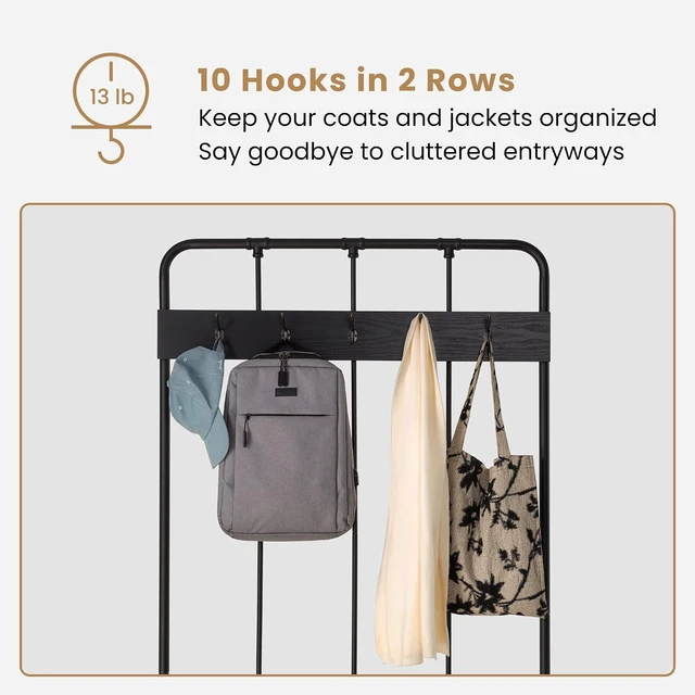 Alt view image 5 of 7 - Hall Tree, Coat Rack with Shoe Bench & Storage Space - Entryway Furniture with Storage Shelf, 5x2 Hooks, Upholstered Sponge-Padded Seat, Steel Frame, Industrial, 17.7 x 37 x 75.2 In - Black