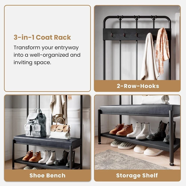 Alt view image 4 of 7 - Hall Tree, Coat Rack with Shoe Bench & Storage Space - Entryway Furniture with Storage Shelf, 5x2 Hooks, Upholstered Sponge-Padded Seat, Steel Frame, Industrial, 17.7 x 37 x 75.2 In - Black