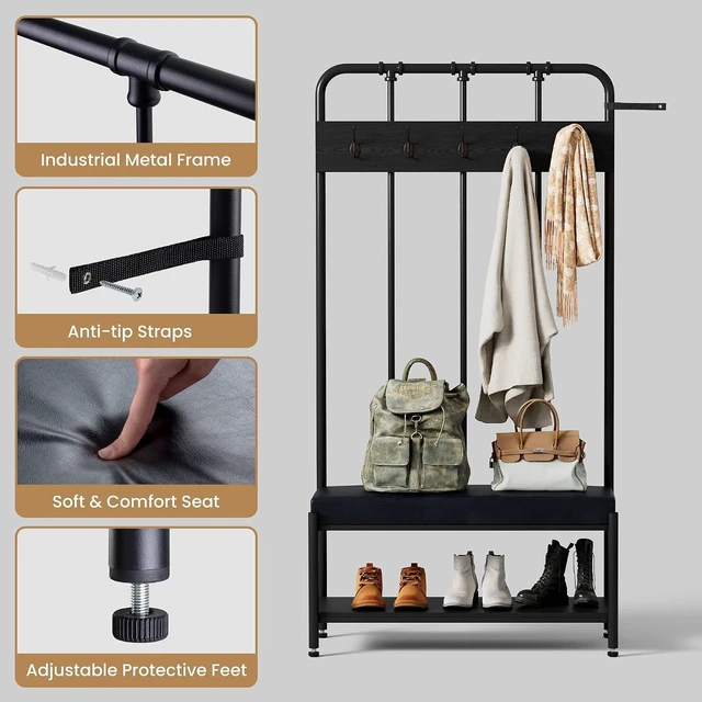 Alt view image 7 of 7 - Hall Tree, Coat Rack with Shoe Bench & Storage Space - Entryway Furniture with Storage Shelf, 5x2 Hooks, Upholstered Sponge-Padded Seat, Steel Frame, Industrial, 17.7 x 37 x 75.2 In - Black