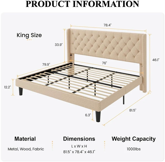 Alt view image 2 of 7 - King Size Platform Bed Frame with Upholstered Headboard and Wingback, Button Tufted Design, Easy Assembly, No Box Spring Needed, Beige