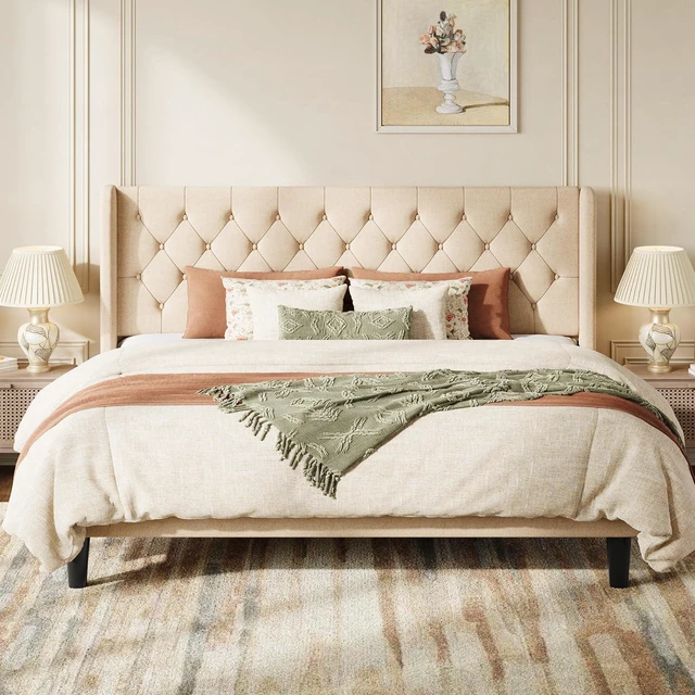 Main image of King Size Platform Bed Frame with Upholstered Headboard and Wingback, Button Tufted Design, Easy Assembly, No Box Spring Needed, Beige