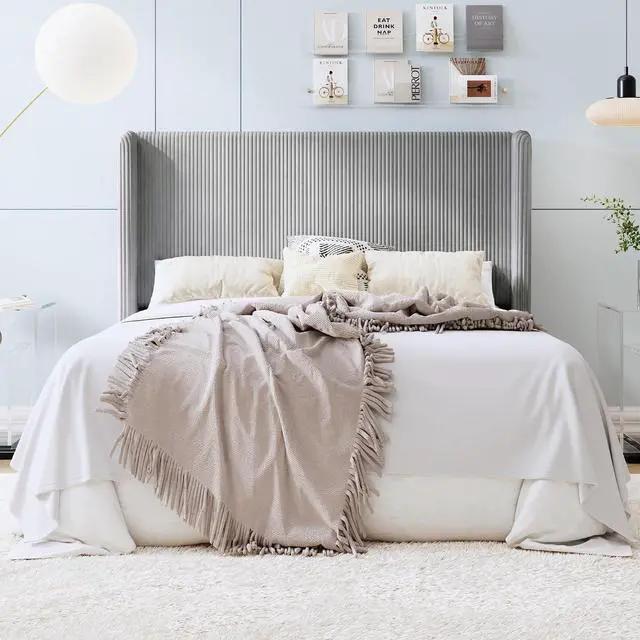 Main image of Queen Size Corduroy Upholstered Platform Bed Frame with Vertical Channel Tufted Wingback Headboard, 8" Under Bed Storage, Wooden Slats & Metal Frame Support, Easy Assembly, Light Grey