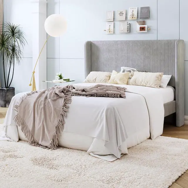 Alt view image 3 of 7 - Queen Size Corduroy Upholstered Platform Bed Frame with Vertical Channel Tufted Wingback Headboard, 8" Under Bed Storage, Wooden Slats & Metal Frame Support, Easy Assembly, Light Grey