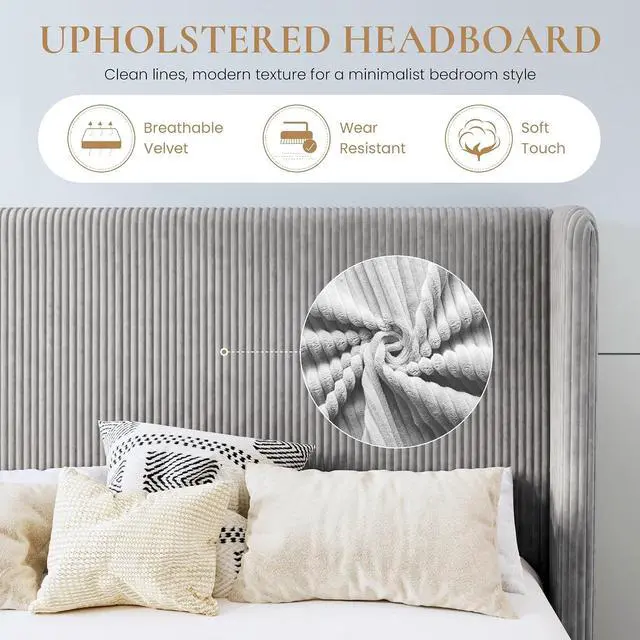 Alt view image 4 of 7 - Queen Size Corduroy Upholstered Platform Bed Frame with Vertical Channel Tufted Wingback Headboard, 8" Under Bed Storage, Wooden Slats & Metal Frame Support, Easy Assembly, Light Grey