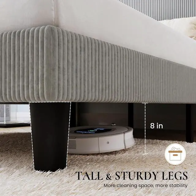 Alt view image 6 of 7 - Queen Size Corduroy Upholstered Platform Bed Frame with Vertical Channel Tufted Wingback Headboard, 8" Under Bed Storage, Wooden Slats & Metal Frame Support, Easy Assembly, Light Grey