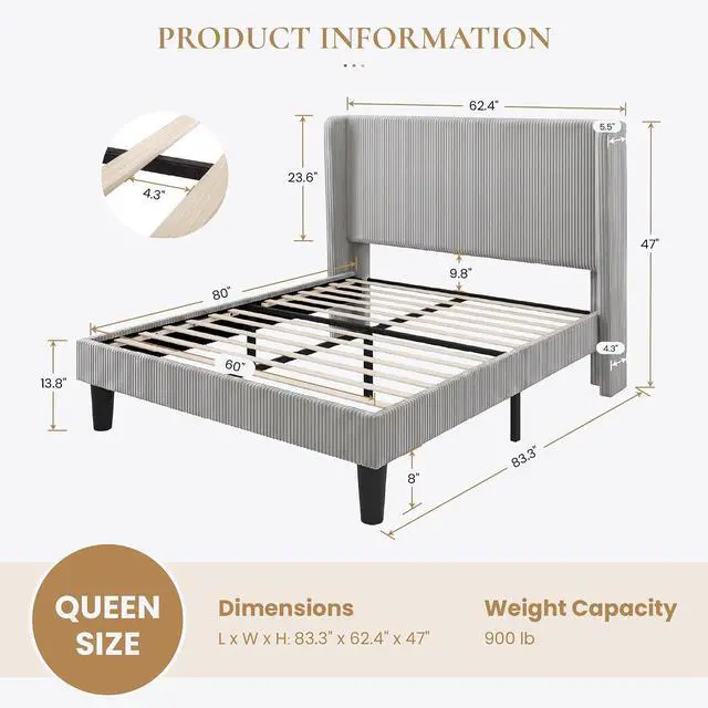 Alt view image 2 of 7 - Queen Size Corduroy Upholstered Platform Bed Frame with Vertical Channel Tufted Wingback Headboard, 8" Under Bed Storage, Wooden Slats & Metal Frame Support, Easy Assembly, Light Grey