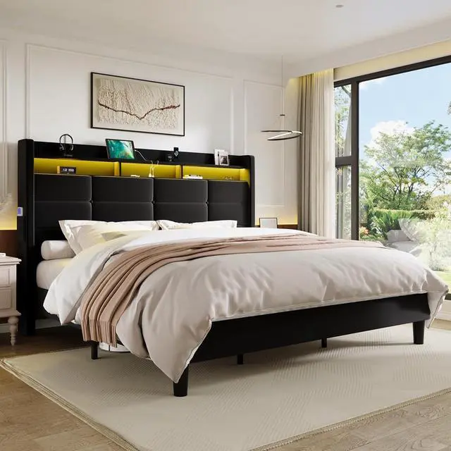 Main image of King Size Upholstered Platform Bed Frame with LED Lights and Charging Station, 51.2" Tall Headboard with 2-Tier Storage, Modern Wingback Design, Noise-Free, No Box Spring Needed, Black