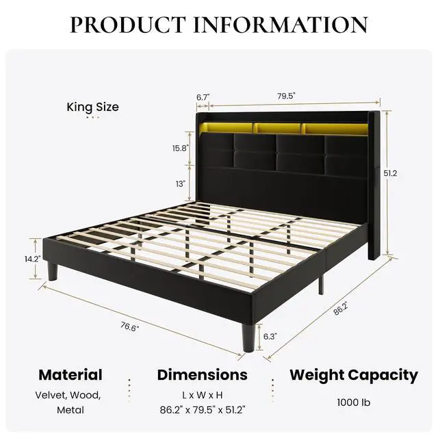 Alt view image 2 of 7 - King Size Upholstered Platform Bed Frame with LED Lights and Charging Station, 51.2" Tall Headboard with 2-Tier Storage, Modern Wingback Design, Noise-Free, No Box Spring Needed, Black