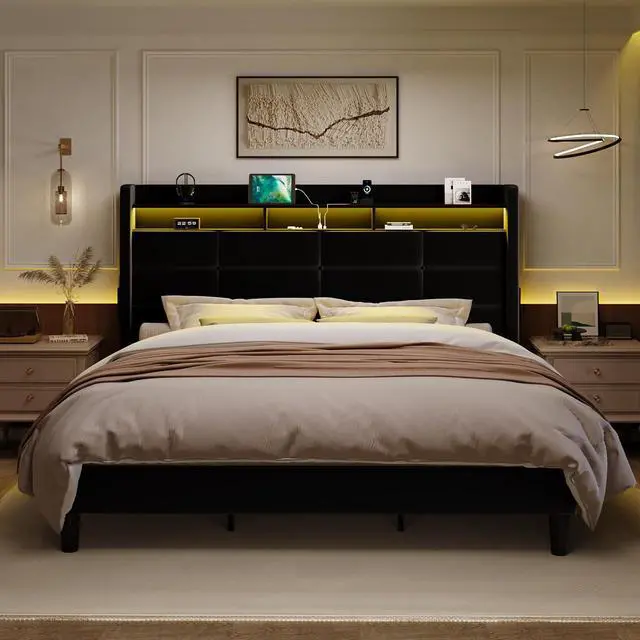 Alt view image 3 of 7 - King Size Upholstered Platform Bed Frame with LED Lights and Charging Station, 51.2" Tall Headboard with 2-Tier Storage, Modern Wingback Design, Noise-Free, No Box Spring Needed, Black