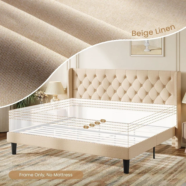 Alt view image 7 of 7 - King Size Platform Bed Frame with Upholstered Headboard and Wingback, Button Tufted Design, Easy Assembly, No Box Spring Needed, Beige