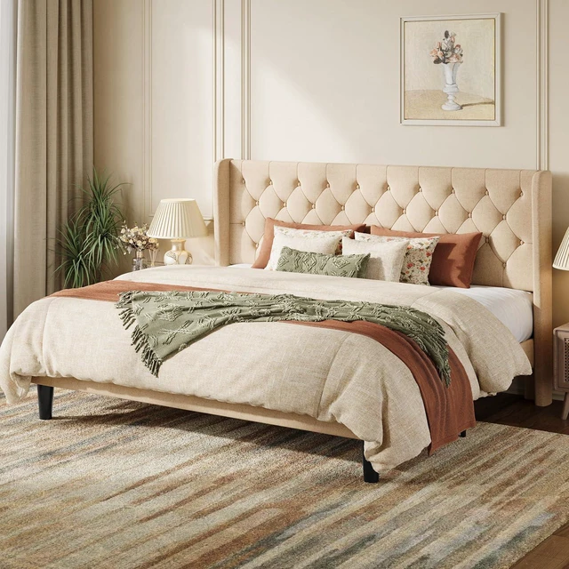 Alt view image 3 of 7 - King Size Platform Bed Frame with Upholstered Headboard and Wingback, Button Tufted Design, Easy Assembly, No Box Spring Needed, Beige