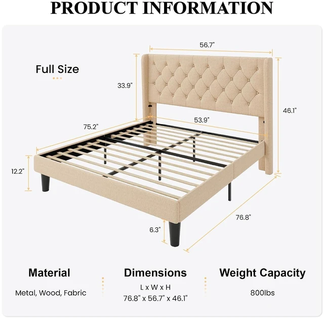Alt view image 2 of 7 - Full Size Platform Bed Frame with Upholstered Headboard and Wingback, Button Tufted Design, Easy Assembly, No Box Spring Needed, Beige