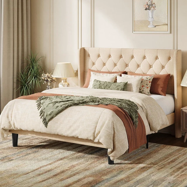 Main image of Full Size Platform Bed Frame with Upholstered Headboard and Wingback, Button Tufted Design, Easy Assembly, No Box Spring Needed, Beige