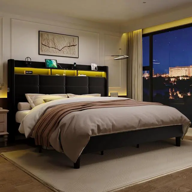 Alt view image 4 of 7 - King Size Upholstered Platform Bed Frame with LED Lights and Charging Station, 51.2" Tall Headboard with 2-Tier Storage, Modern Wingback Design, Noise-Free, No Box Spring Needed, Black