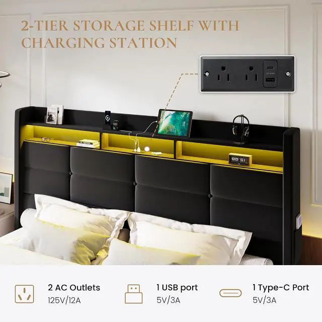 Alt view image 5 of 7 - King Size Upholstered Platform Bed Frame with LED Lights and Charging Station, 51.2" Tall Headboard with 2-Tier Storage, Modern Wingback Design, Noise-Free, No Box Spring Needed, Black