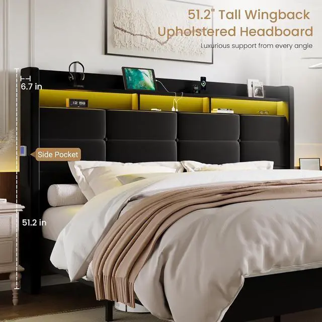 Alt view image 6 of 7 - King Size Upholstered Platform Bed Frame with LED Lights and Charging Station, 51.2" Tall Headboard with 2-Tier Storage, Modern Wingback Design, Noise-Free, No Box Spring Needed, Black