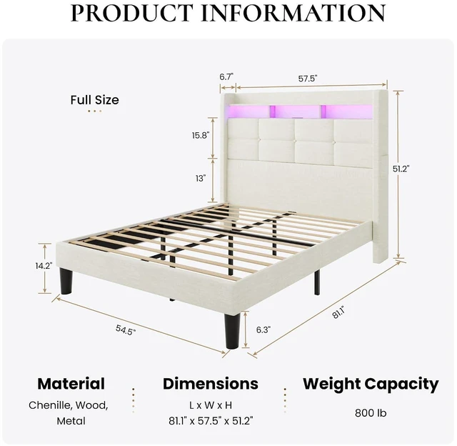 Alt view image 2 of 7 - Full Size Upholstered Platform Bed Frame with LED Lights and Charging Station, 51.2" Tall Headboard with 2-Tier Storage, Modern Wingback Design, Noise-Free, No Box Spring Needed, White
