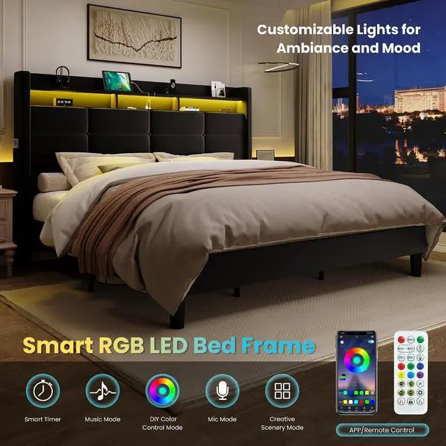 Alt view image 7 of 7 - King Size Upholstered Platform Bed Frame with LED Lights and Charging Station, 51.2" Tall Headboard with 2-Tier Storage, Modern Wingback Design, Noise-Free, No Box Spring Needed, Black