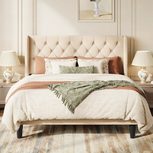 Alt view image 3 of 7 - Full Size Platform Bed Frame with Upholstered Headboard and Wingback, Button Tufted Design, Easy Assembly, No Box Spring Needed, Beige