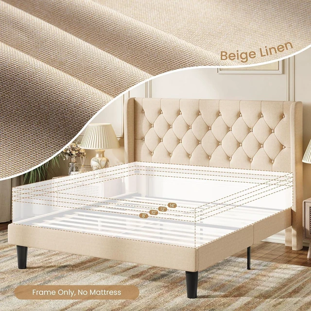 Alt view image 7 of 7 - Full Size Platform Bed Frame with Upholstered Headboard and Wingback, Button Tufted Design, Easy Assembly, No Box Spring Needed, Beige