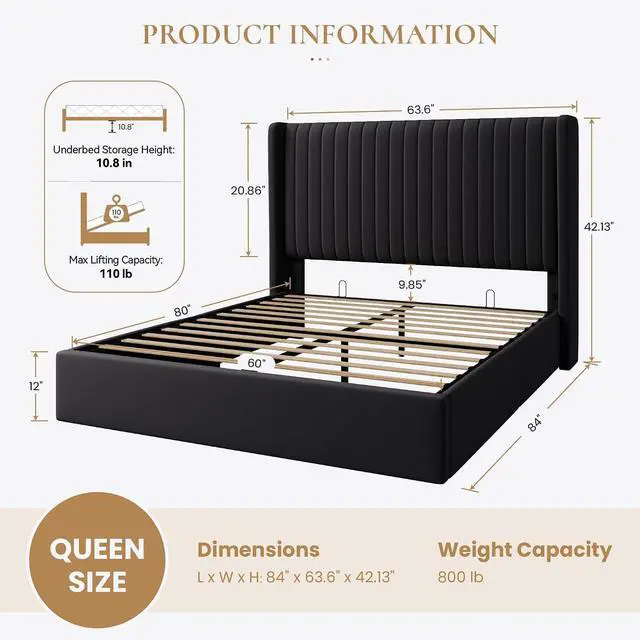 Alt view image 2 of 7 - Queen Size Lift Up Storage Bed Frame, Vertical Channel Tufted Headboard with Wingback, Hydraulic Underneath Storage Space, Soft Velvet Upholstered Platform Bed, No Box Spring Needed, Black