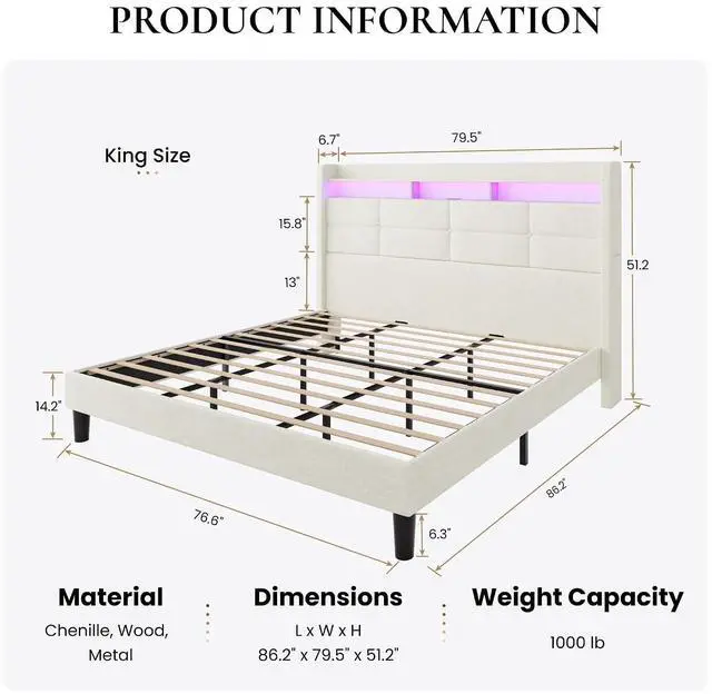 Alt view image 2 of 7 - King Size Upholstered Platform Bed Frame with LED Lights and Charging Station, 51.2" Tall Headboard with 2-Tier Storage, Modern Wingback Design, Noise-Free, No Box Spring Needed, White
