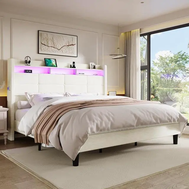 Main image of King Size Upholstered Platform Bed Frame with LED Lights and Charging Station, 51.2" Tall Headboard with 2-Tier Storage, Modern Wingback Design, Noise-Free, No Box Spring Needed, White
