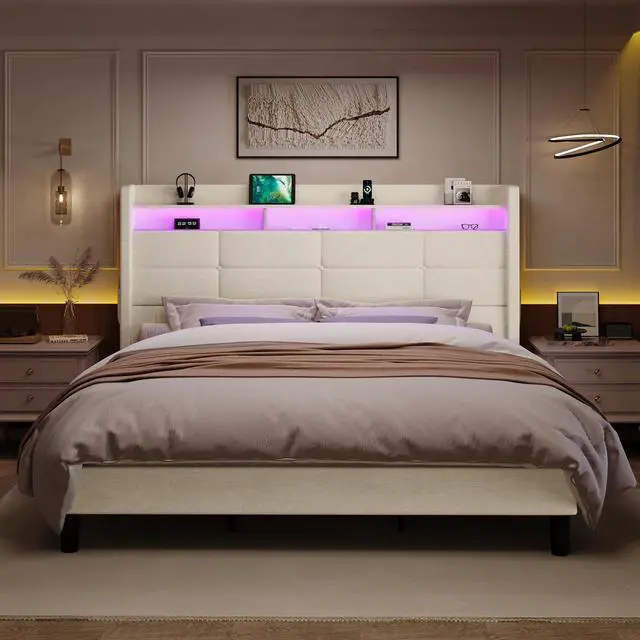 Alt view image 3 of 7 - King Size Upholstered Platform Bed Frame with LED Lights and Charging Station, 51.2" Tall Headboard with 2-Tier Storage, Modern Wingback Design, Noise-Free, No Box Spring Needed, White