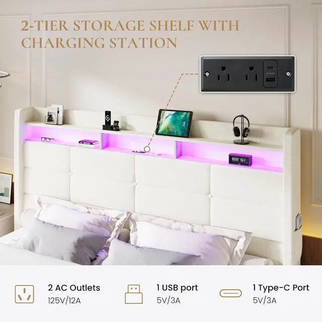 Alt view image 5 of 7 - King Size Upholstered Platform Bed Frame with LED Lights and Charging Station, 51.2" Tall Headboard with 2-Tier Storage, Modern Wingback Design, Noise-Free, No Box Spring Needed, White