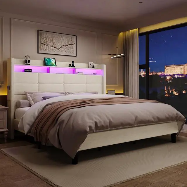 Alt view image 4 of 7 - King Size Upholstered Platform Bed Frame with LED Lights and Charging Station, 51.2" Tall Headboard with 2-Tier Storage, Modern Wingback Design, Noise-Free, No Box Spring Needed, White