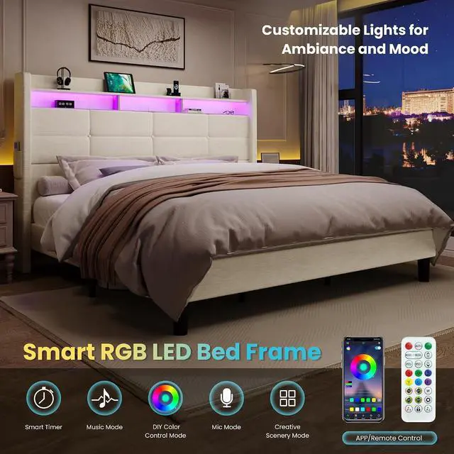 Alt view image 7 of 7 - King Size Upholstered Platform Bed Frame with LED Lights and Charging Station, 51.2" Tall Headboard with 2-Tier Storage, Modern Wingback Design, Noise-Free, No Box Spring Needed, White
