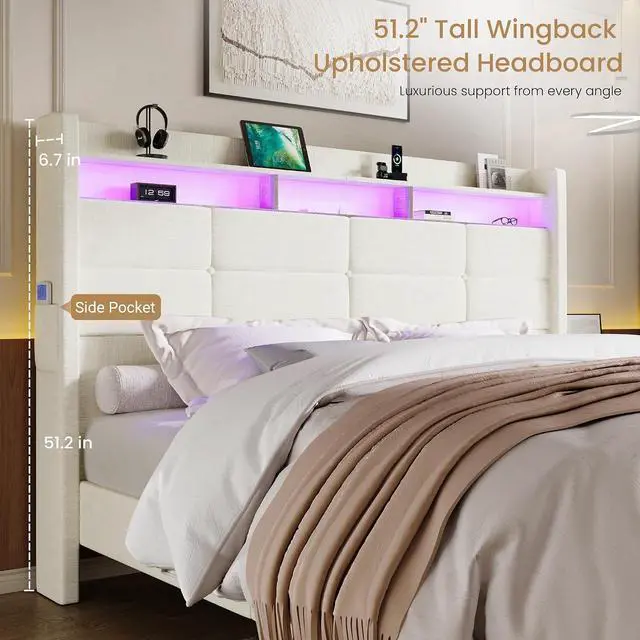 Alt view image 6 of 7 - King Size Upholstered Platform Bed Frame with LED Lights and Charging Station, 51.2" Tall Headboard with 2-Tier Storage, Modern Wingback Design, Noise-Free, No Box Spring Needed, White