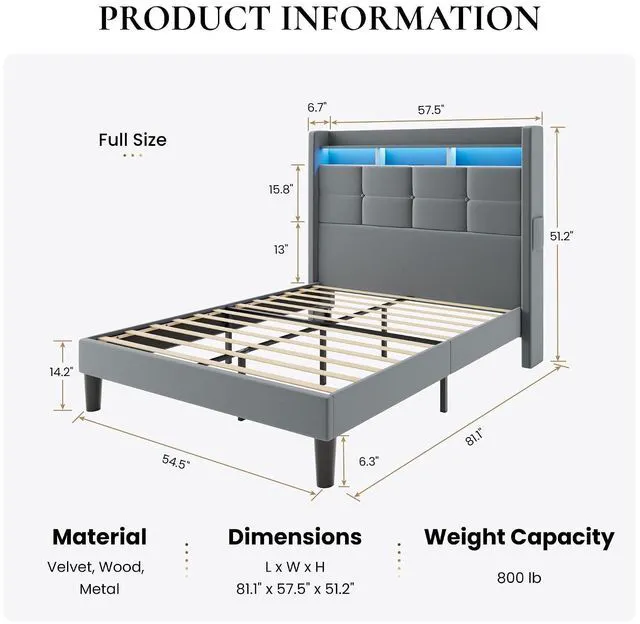 Alt view image 2 of 7 - Full Size Upholstered Platform Bed Frame with LED Lights and Charging Station, 51.2" Tall Headboard with 2-Tier Storage, Modern Wingback Design, Noise-Free, No Box Spring Needed, Grey