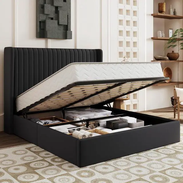 Main image of Queen Size Lift Up Storage Bed Frame, Vertical Channel Tufted Headboard with Wingback, Hydraulic Underneath Storage Space, Soft Velvet Upholstered Platform Bed, No Box Spring Needed, Black