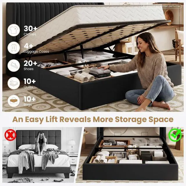 Alt view image 3 of 7 - Queen Size Lift Up Storage Bed Frame, Vertical Channel Tufted Headboard with Wingback, Hydraulic Underneath Storage Space, Soft Velvet Upholstered Platform Bed, No Box Spring Needed, Black