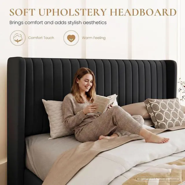Alt view image 5 of 7 - Queen Size Lift Up Storage Bed Frame, Vertical Channel Tufted Headboard with Wingback, Hydraulic Underneath Storage Space, Soft Velvet Upholstered Platform Bed, No Box Spring Needed, Black