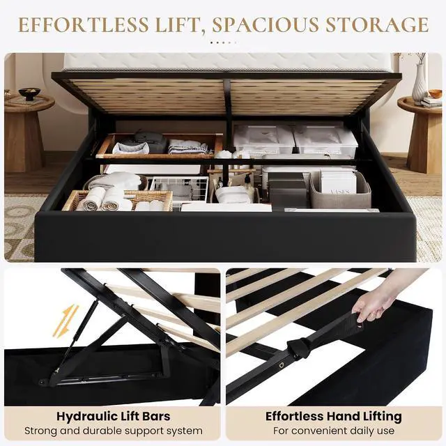 Alt view image 4 of 7 - Queen Size Lift Up Storage Bed Frame, Vertical Channel Tufted Headboard with Wingback, Hydraulic Underneath Storage Space, Soft Velvet Upholstered Platform Bed, No Box Spring Needed, Black