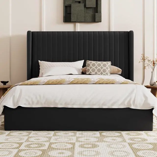 Alt view image 7 of 7 - Queen Size Lift Up Storage Bed Frame, Vertical Channel Tufted Headboard with Wingback, Hydraulic Underneath Storage Space, Soft Velvet Upholstered Platform Bed, No Box Spring Needed, Black
