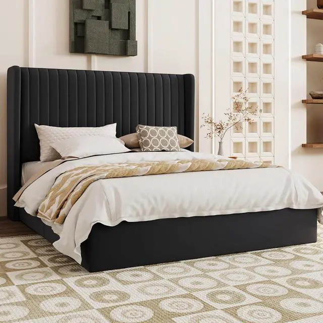 Alt view image 6 of 7 - Queen Size Lift Up Storage Bed Frame, Vertical Channel Tufted Headboard with Wingback, Hydraulic Underneath Storage Space, Soft Velvet Upholstered Platform Bed, No Box Spring Needed, Black