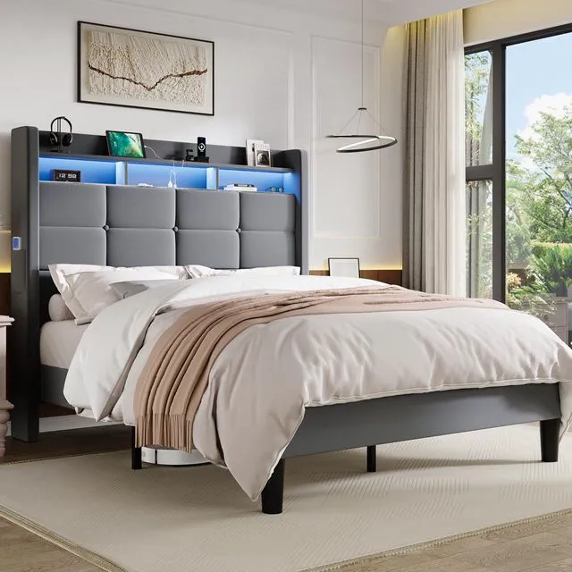 Main image of Full Size Upholstered Platform Bed Frame with LED Lights and Charging Station, 51.2" Tall Headboard with 2-Tier Storage, Modern Wingback Design, Noise-Free, No Box Spring Needed, Grey