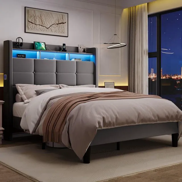 Alt view image 4 of 7 - Full Size Upholstered Platform Bed Frame with LED Lights and Charging Station, 51.2" Tall Headboard with 2-Tier Storage, Modern Wingback Design, Noise-Free, No Box Spring Needed, Grey