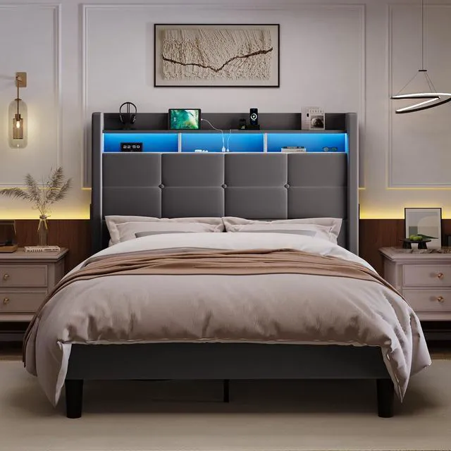 Alt view image 3 of 7 - Full Size Upholstered Platform Bed Frame with LED Lights and Charging Station, 51.2" Tall Headboard with 2-Tier Storage, Modern Wingback Design, Noise-Free, No Box Spring Needed, Grey