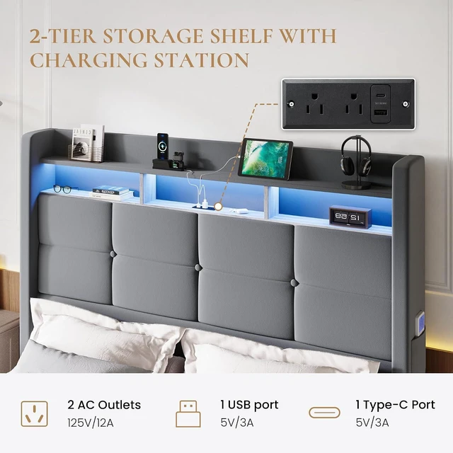 Alt view image 5 of 7 - Full Size Upholstered Platform Bed Frame with LED Lights and Charging Station, 51.2" Tall Headboard with 2-Tier Storage, Modern Wingback Design, Noise-Free, No Box Spring Needed, Grey