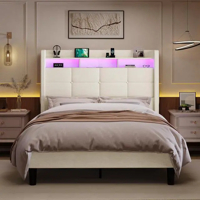 Alt view image 3 of 7 - Queen Size Upholstered Platform Bed Frame with LED Lights and Charging Station, 51.2" Tall Headboard with 2-Tier Storage, Modern Wingback Design, Noise-Free, No Box Spring Needed, White